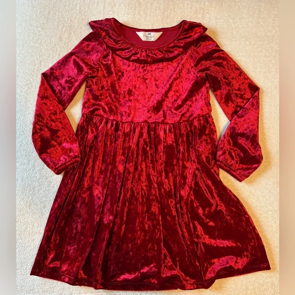 Crimson Red Velvet Dress, Long Sleeve. H&M. Size 6-7